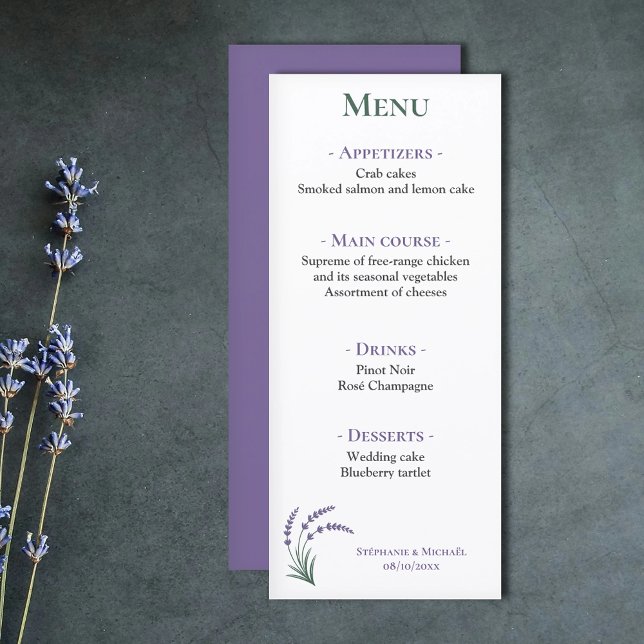Menu simple de réception de mariage au lavande (Simple Lavender Wedding Reception Menu)