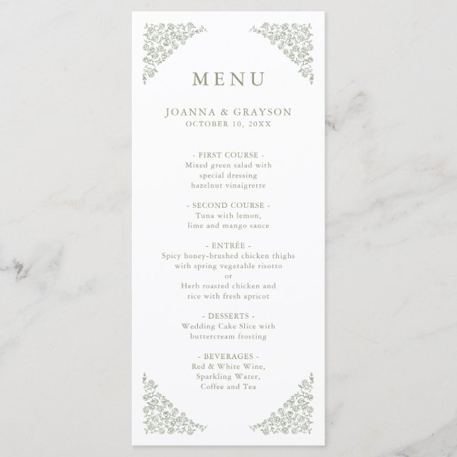 Menu Simple Delicate Floral Timeless Sage Mariage vert (Devant)