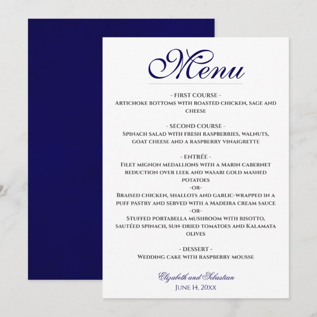 Menu Simple Elegance Marine Blue & White Mariage (Devant / Derrière)
