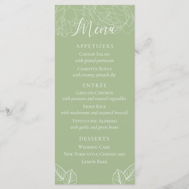 Menu Simple élégant Mariage Floral Sage Vert (Devant)