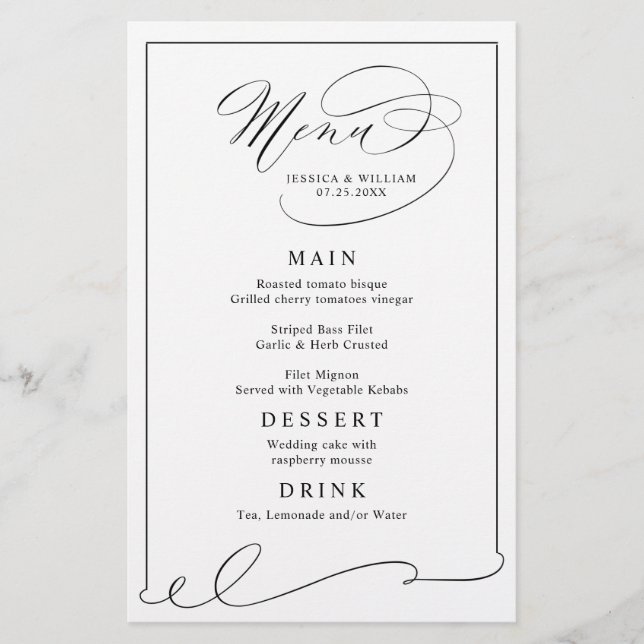 Menu Simple Et Élégant Mariage Noir Et Blanc (Devant)