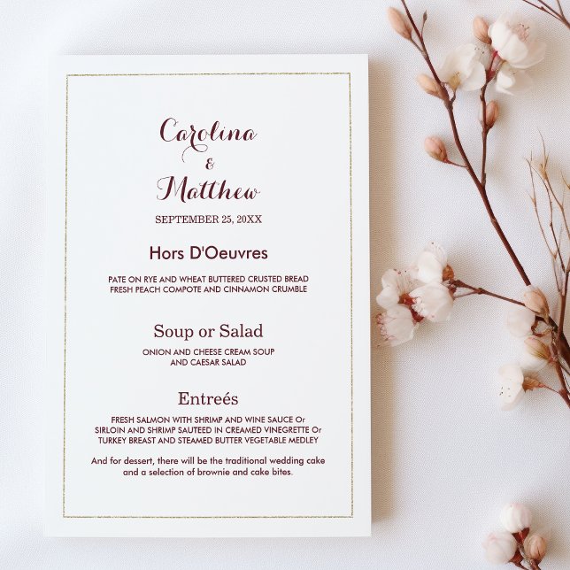 Menu simple et élégant Mariage or blanc bordeaux (Simple elegant white gold burgundy Wedding Menu )