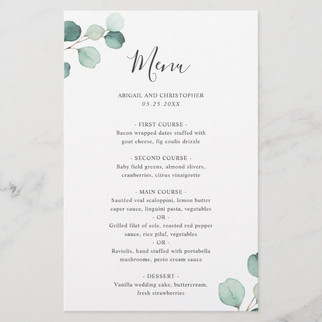 Menu simple Eucalyptus Rustic Mariage (Devant)