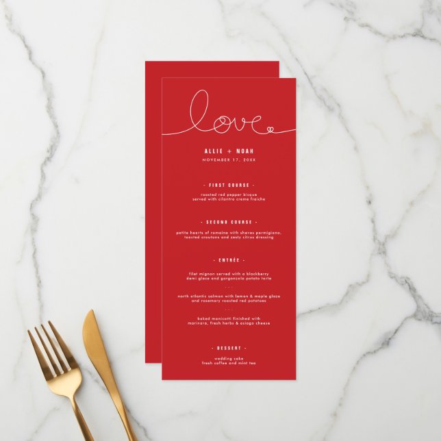 Menu Simple Loopy Love Heart Sur Mariage Minimaliste Ro (Devant/Arrière en situation)