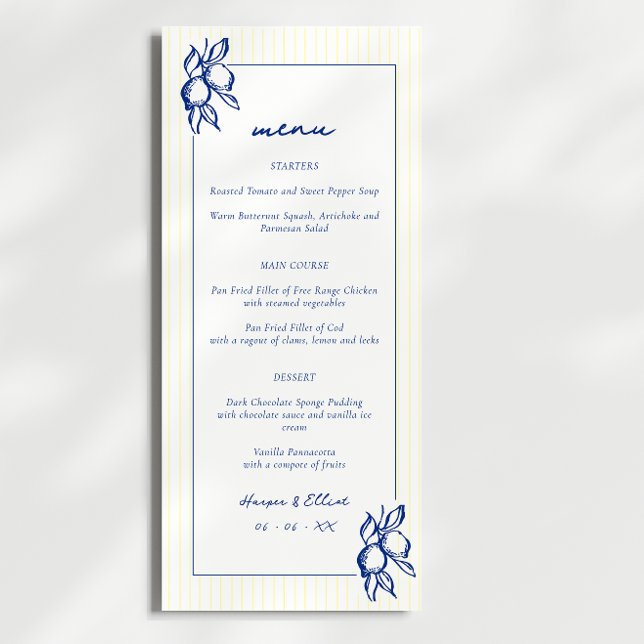 Menu Simple mariage bleu et jaune à doodle de citrons (Créateur téléchargé)