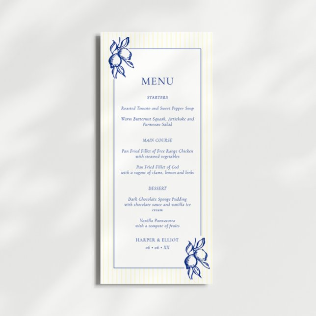 Menu Simple mariage bleu et jaune à motifs de citrons (Créateur téléchargé)