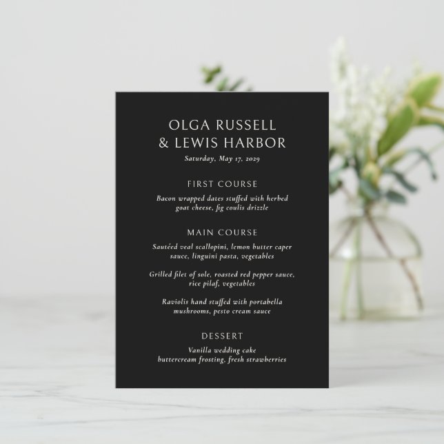 Menu Simple Mariage Moderne Noir (Debout devant)