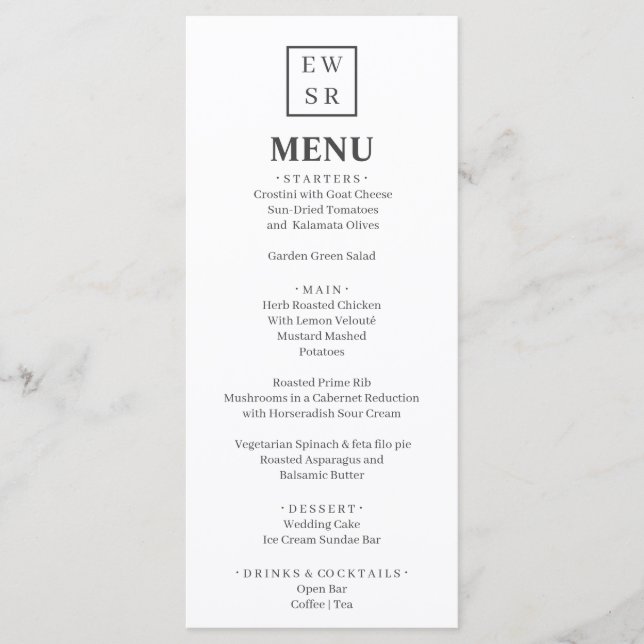 Menu simple Mariage Monogramme blanc et gris (Devant)