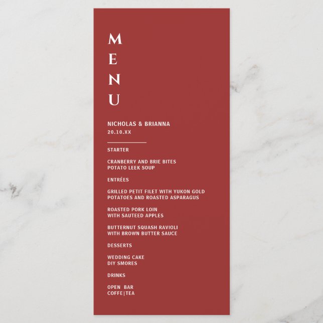 Menu Simple Mariage Rouge Foncé (Devant)