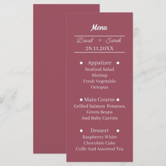 Menu Simple Maroon Dîner De Mariage Personnalisé (Devant / Derrière)