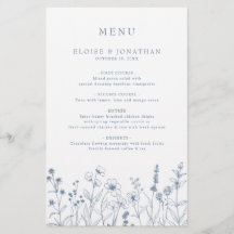 Menu simple minimaliste Mariage Fleur sauvage bleu