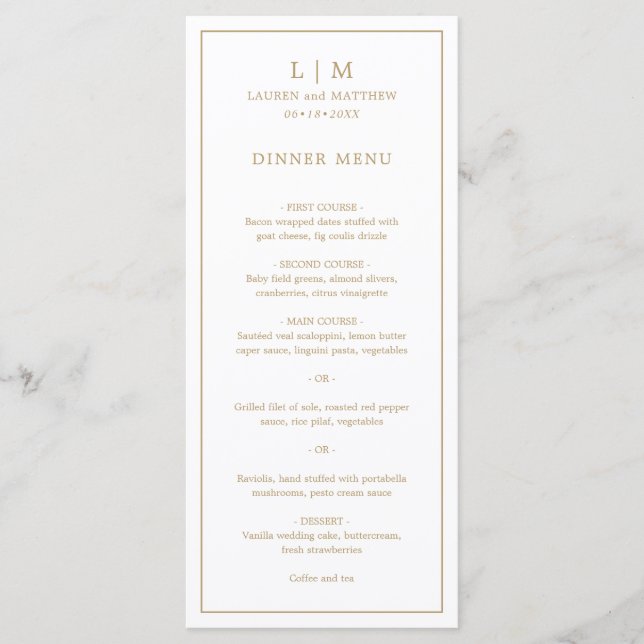 Menu Simple Monogramme Or Élégant Mariage Antique (Devant)