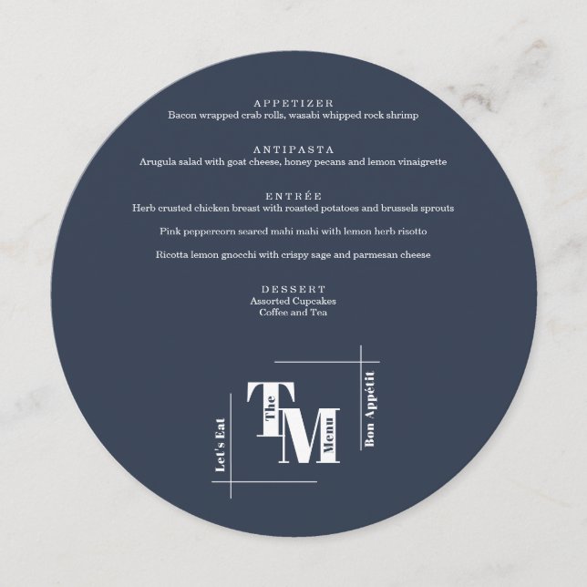 Menu Simple Navy Blue Moderne Mariage chic Merci (Devant)