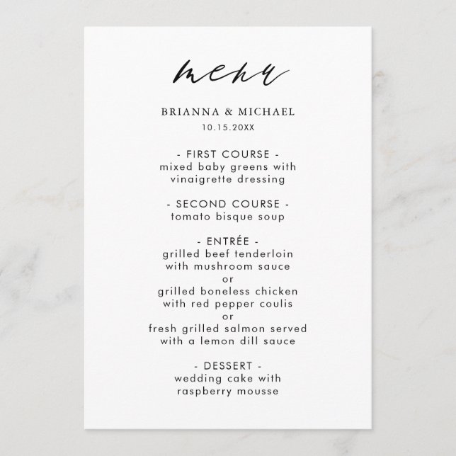 Menu Simple Noir & Blanc Moderne Calligraphie Me Mariag (Devant)