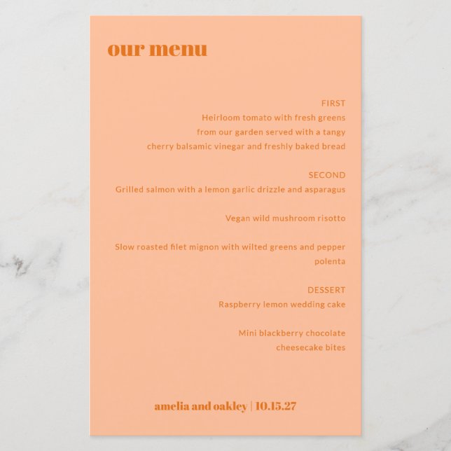 Menu Simple Peach Orange Simple Custom Wedding (Devant)