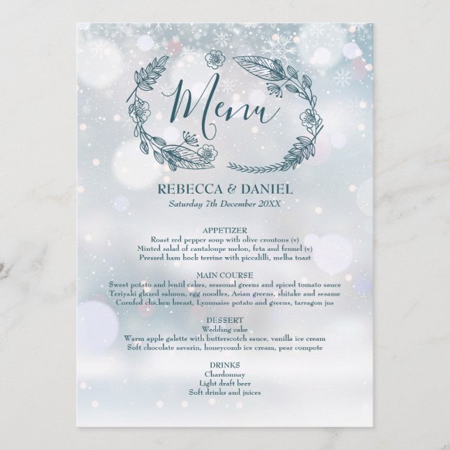 Menu Snowflakes d'hiver Rustique Floral Mariage (Devant)