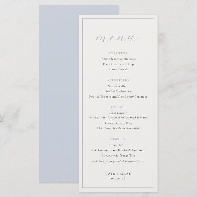 Menu Soft Dusty Blue Wedding (Devant / Derrière)