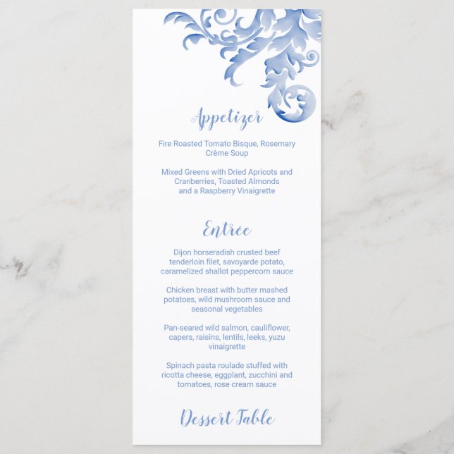 Menu Soft Royal Blue Watercolor Flourdissant (Dos)