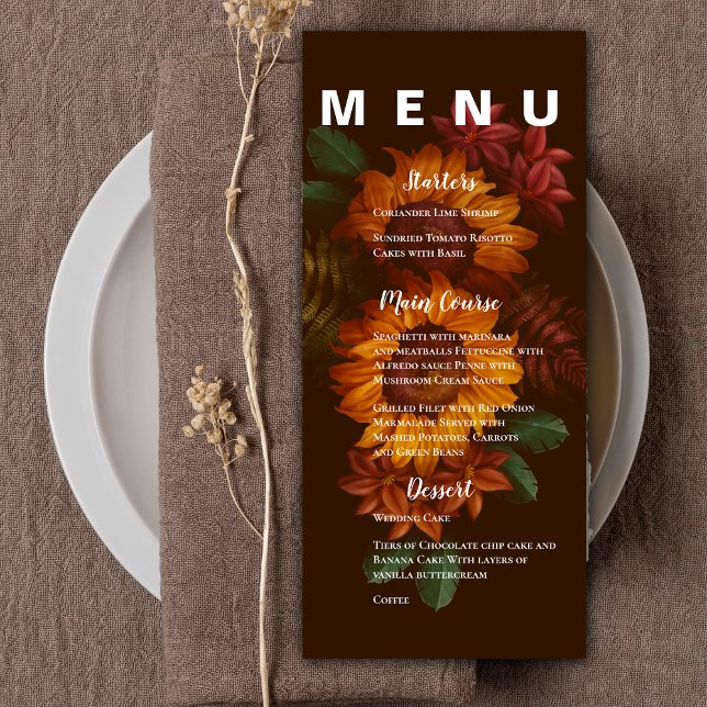 Menu Soirée de mariage à la florale Orange Brûlé Rustiq (Pretty Rustic Burnt Orange Floral Wedding Party Menu)