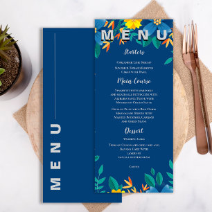 Menu Soirée de mariage chic jaune et bleu floral
