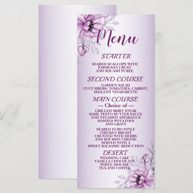 Menu Soirée de mariage rose Floral Violet Cadre moderne (Devant / Derrière)