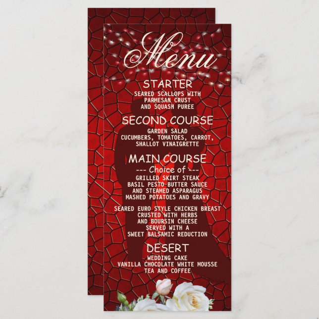 Menu Soirée de mariage Rouge Floral Moderne Dîner éléga (Devant / Derrière)