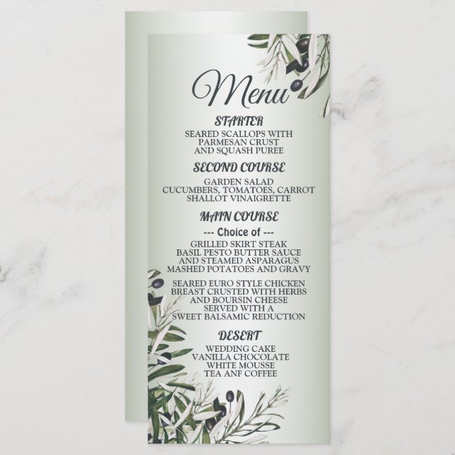 Menu Soirée de mariage Vert Feuilles Noir Olive Élégant (Devant / Derrière)
