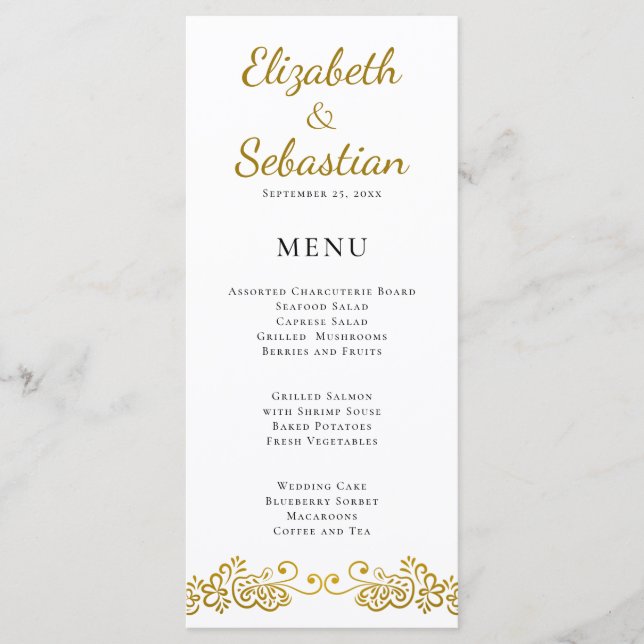 Menu Soirée Elégante Flourish Gold & White Mariage (Devant)
