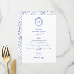 Menu Sophistiqué Botanique Bleu Chinoiserie Mariage