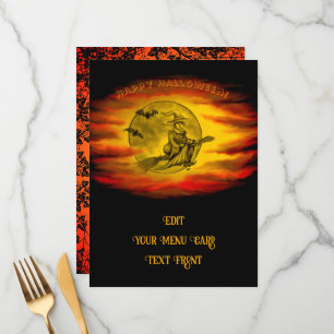 Menu Sorcière volante avec chat noir, nuit halloween