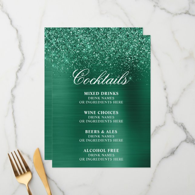 Menu Sparkly Hunter Green Glitter Foil Cocktails Bar (Devant/Arrière en situation)