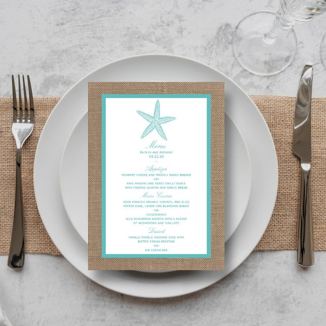 Menu Starfish Turquoise Burlap Beach Wedding Collection (Créateur téléchargé)