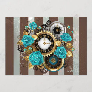 Menu Steampunk Clock and Turquoise Roses on Striped