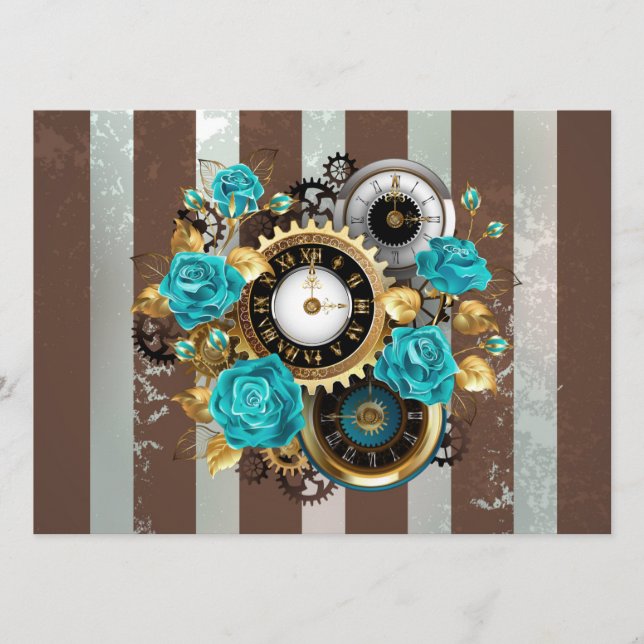 Menu Steampunk Clock and Turquoise Roses on Striped (Devant)