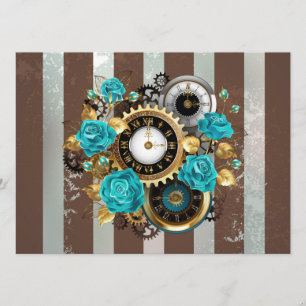 Menu Steampunk Clock and Turquoise Roses on Striped