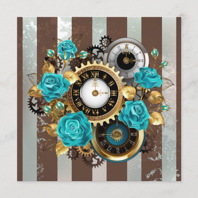 Menu Steampunk Clock and Turquoise Roses on Striped (Devant)