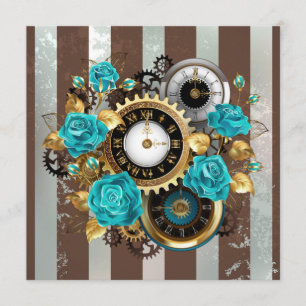 Menu Steampunk Clock and Turquoise Roses on Striped