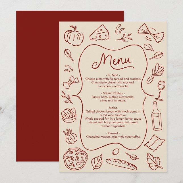 Menu Style Italien Dessin Main Rouge Rustique & Cr (Devant / Derrière)