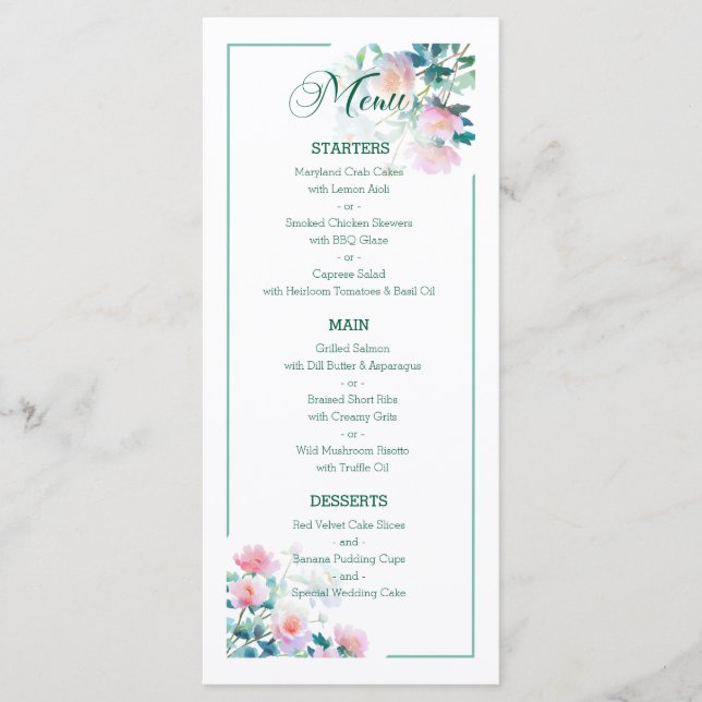 Menu Subtle Botanical Blush Pink Peony Flowers Wedding (Devant)