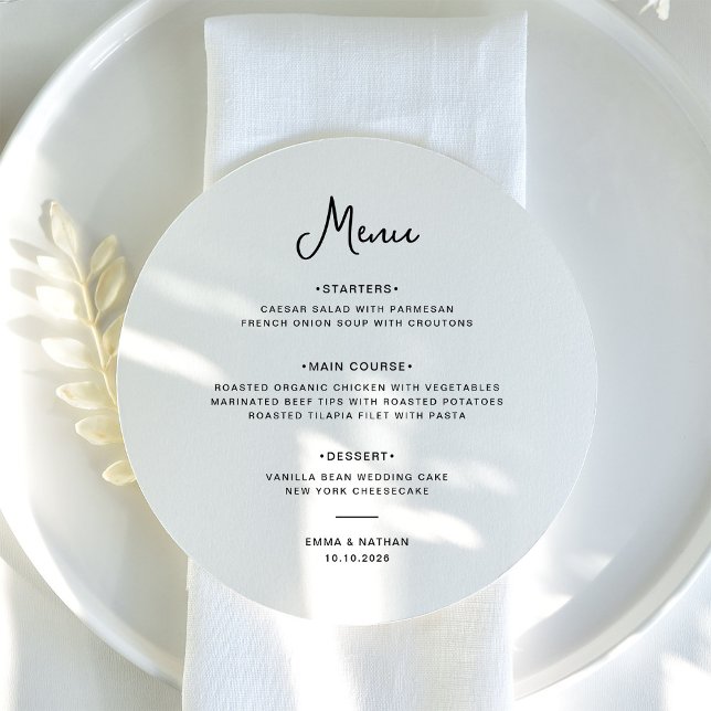 Menu Sucré et capricieux | Mariage noir et blanc (A sweet and whimsical, black and white round wedding menu)