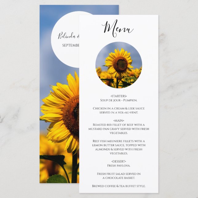 Menu Sunflower Blue Sky Rustique Mariage (Devant / Derrière)