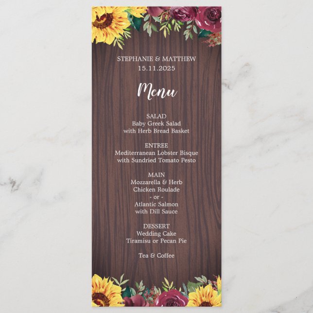 Menu Sunflower Bourgogne Rose Frontière Mariage bois (Devant)