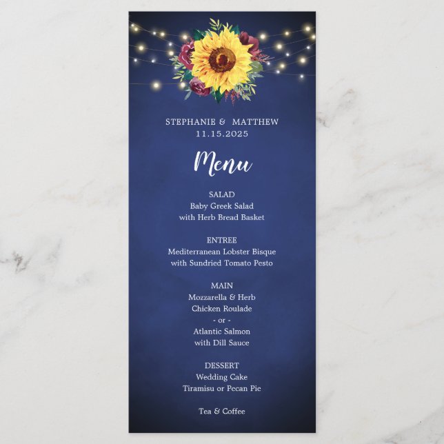 Menu Sunflower Bourgogne Rose Lumières Marine Mariage M (Devant)