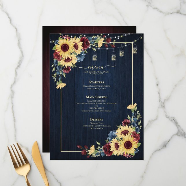 Menu Sunflower Navy Bleu Bourgogne Bois Mariage Floral (Devant/Arrière en situation)