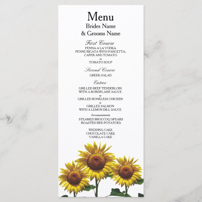 Menu Sunflowers Forfaits Mariages peu coûteux (Devant)