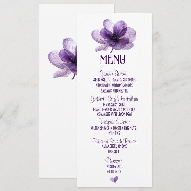 Menu Superbe Mariage de fleurs violettes (Devant / Derrière)