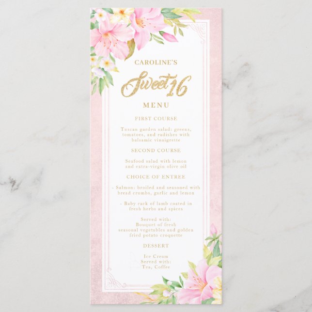 Menu Sweet sixteen Elégant Floral Aquarelle rose pâle (Devant)