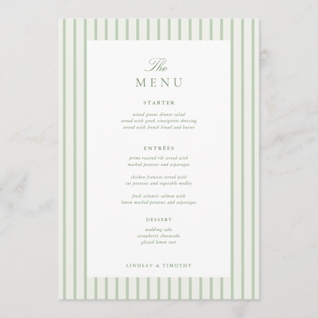 Menu Table de mariage classique rayée verte 5x7" (Devant)