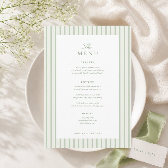 Menu Table de mariage classique rayée verte 5x7" (Créateur téléchargé)