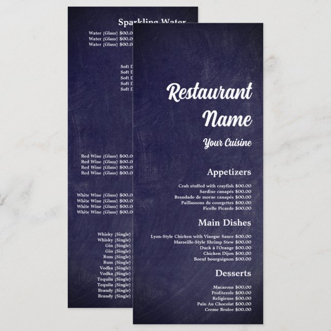 Menu Tableau Moderne, Restaurant Slimline (Devant / Derrière)